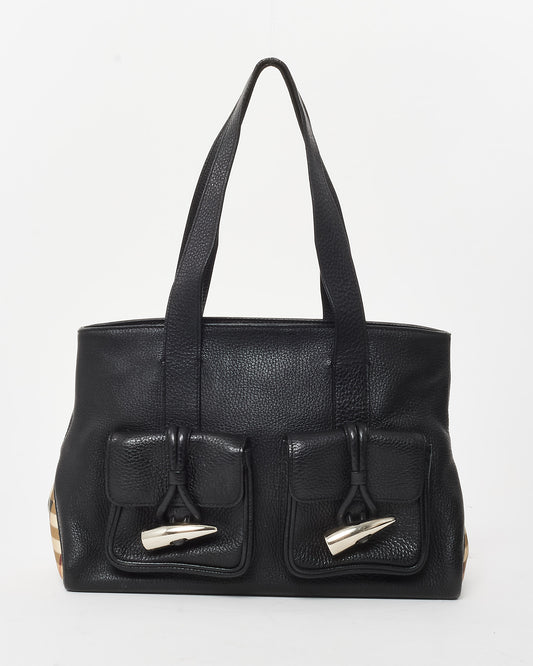 Burberry Black Leather and Novacheck Horn Toggle Tote Bag