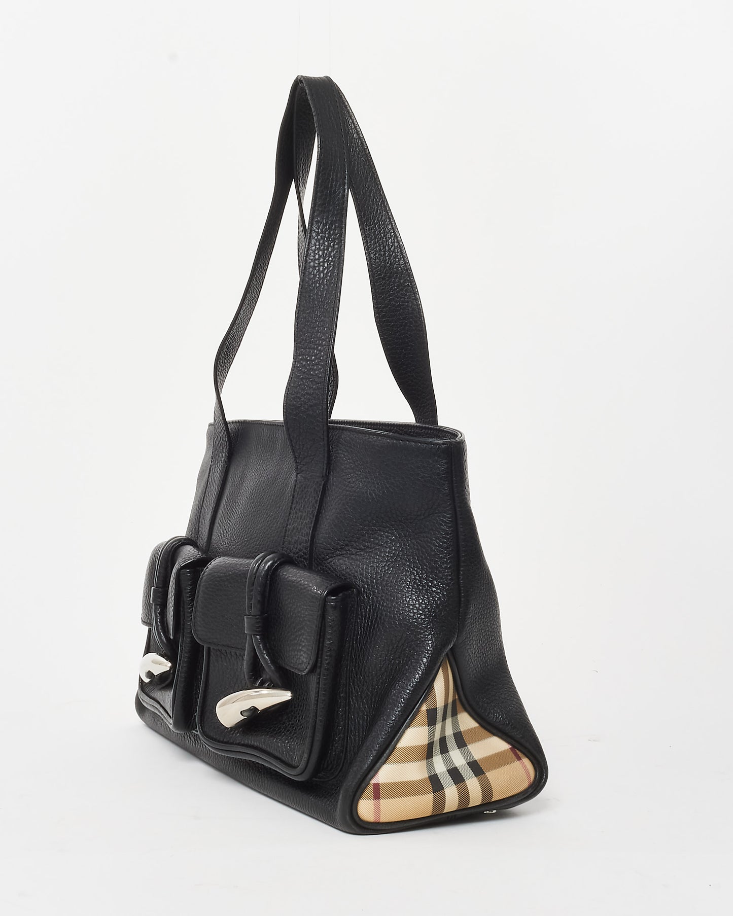 Burberry Black Leather and Novacheck Horn Toggle Tote Bag