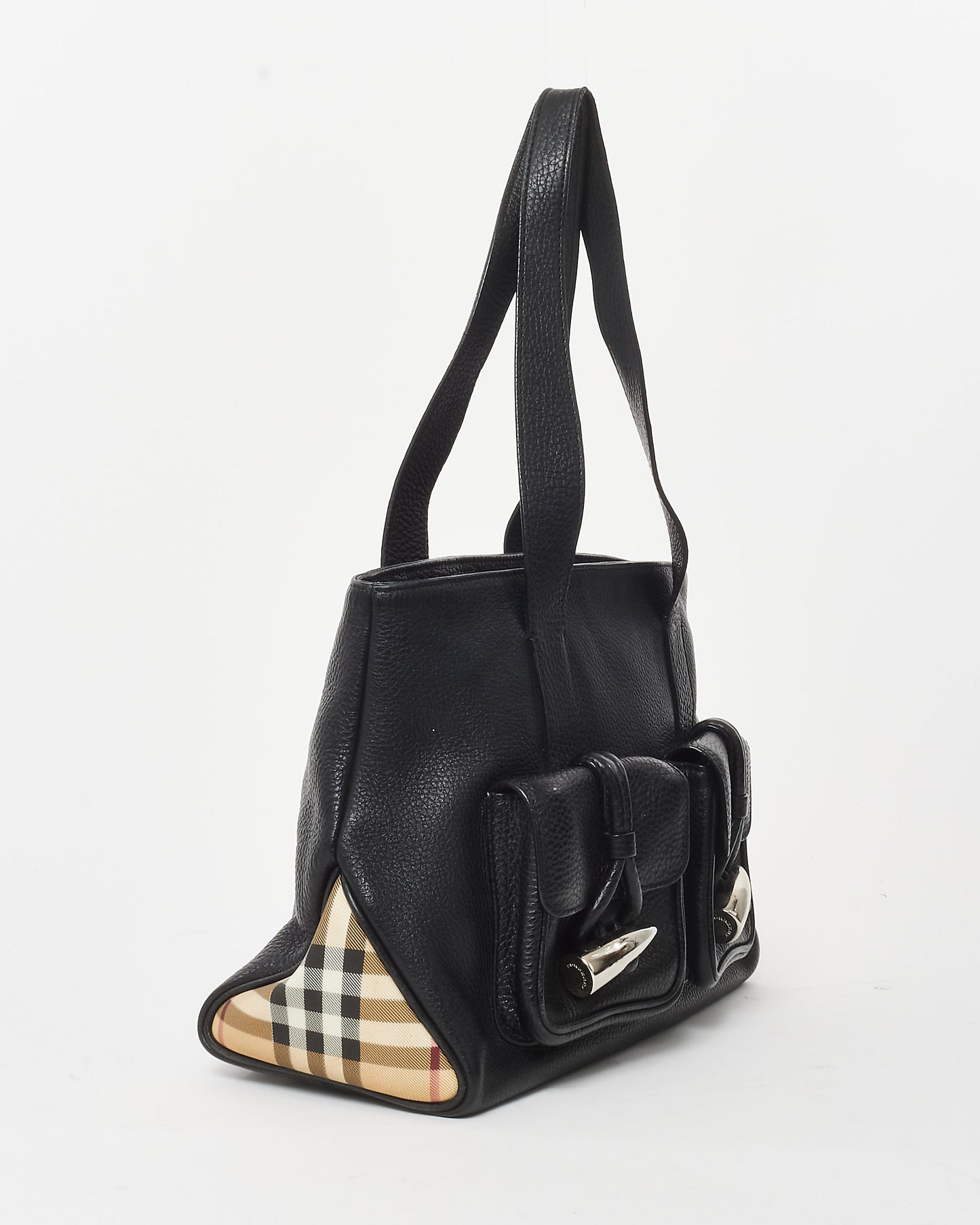 Burberry Black Leather and Novacheck Horn Toggle Tote Bag