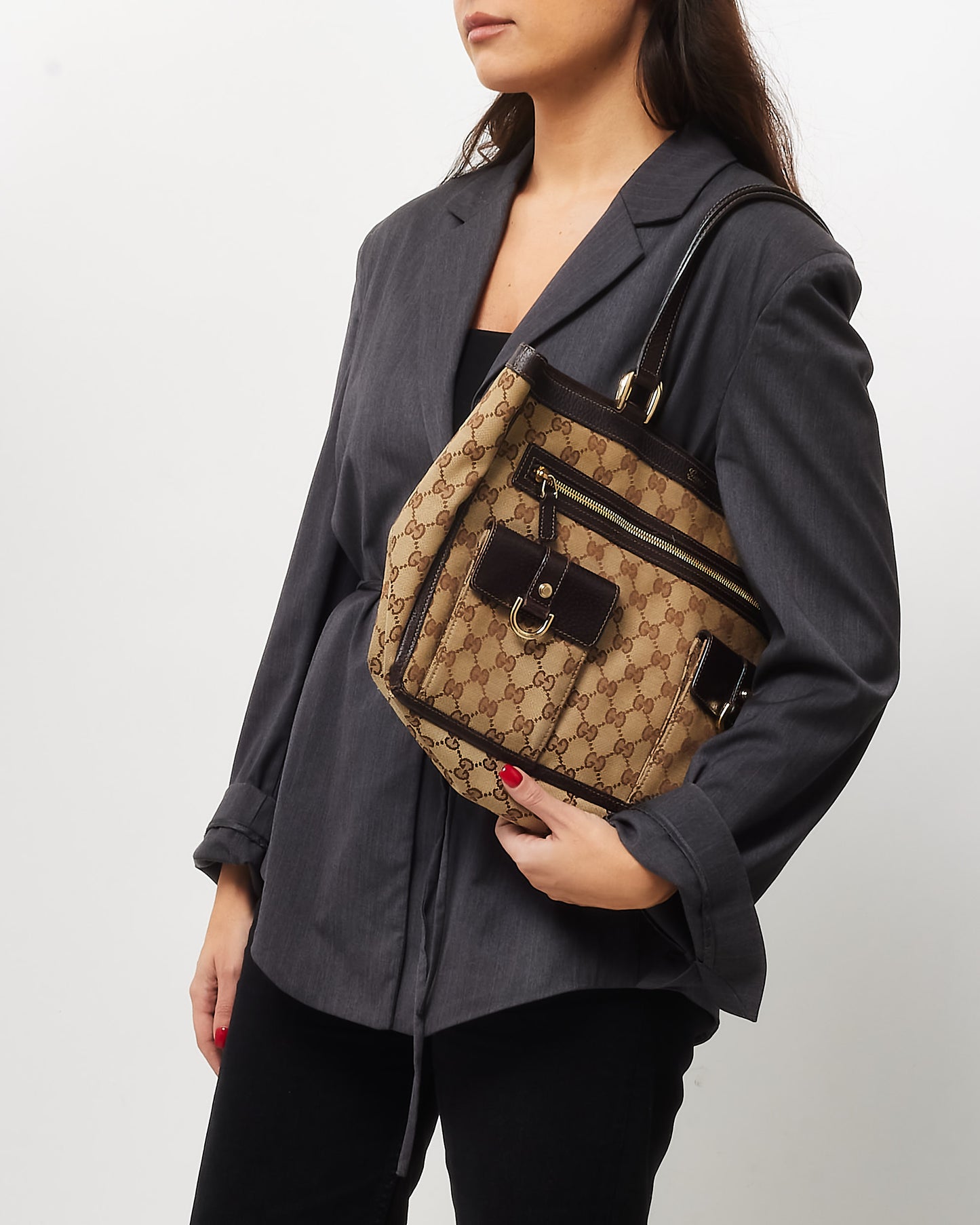 Gucci Brown 
Beige GG Monogram Canvas Abbey Pocket Zip Tote Bag