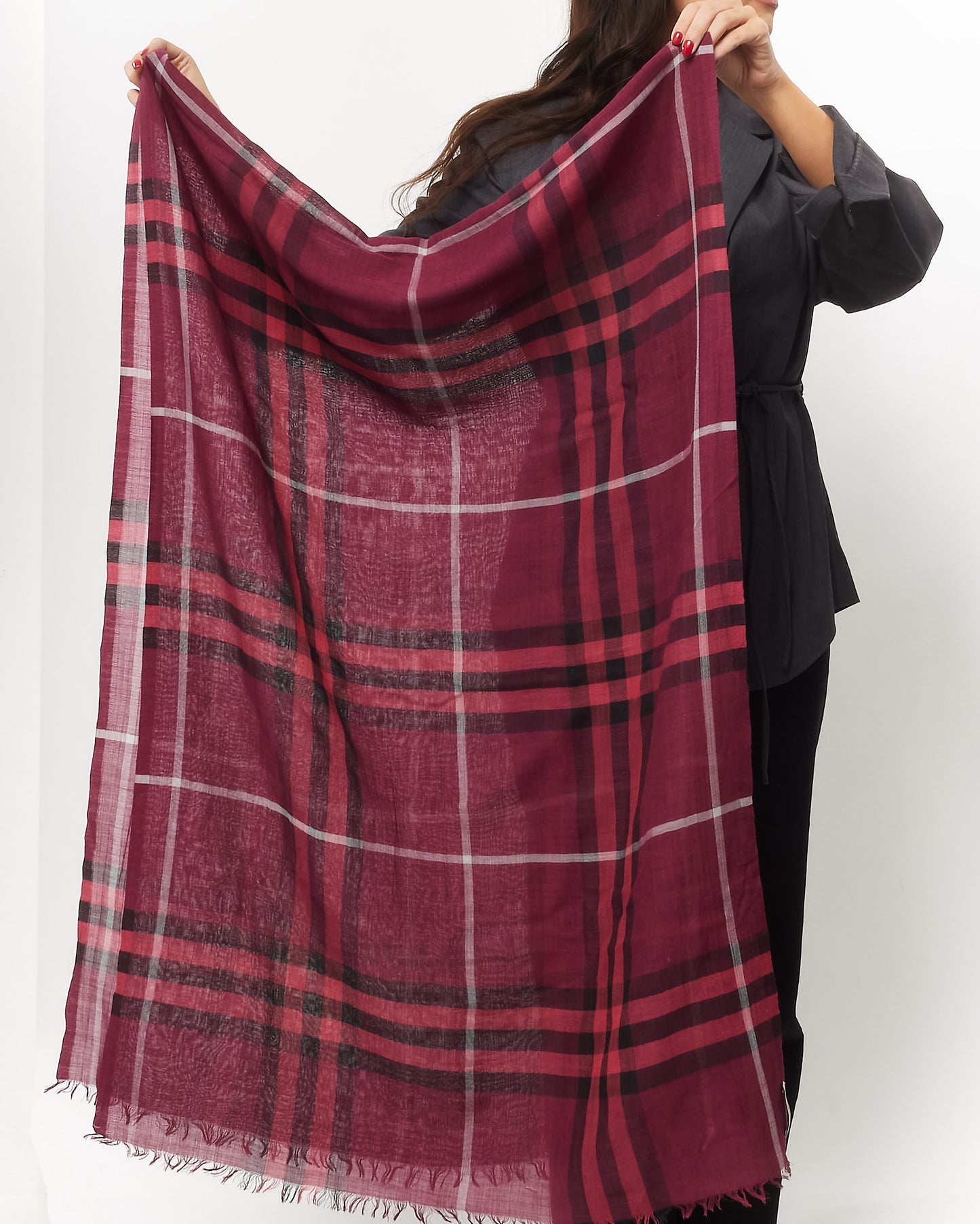 Burberry Pink and Burgundy Wool Blend Plaid Check Scarf