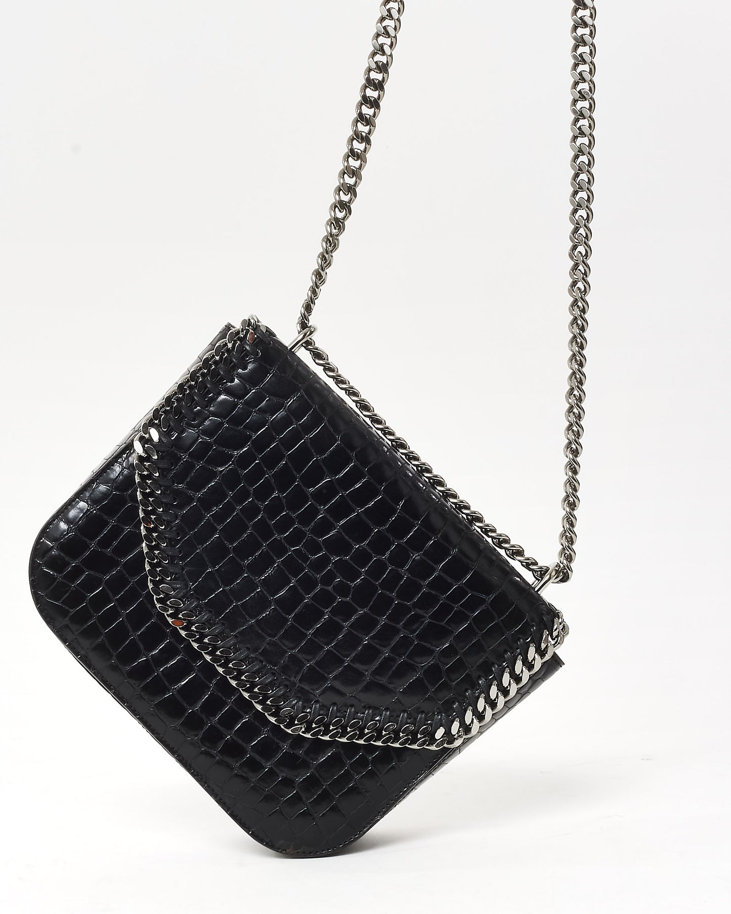 Stella McCartney  Black Croc Embossed Faux Leather Box Falabella Crossbody Bag