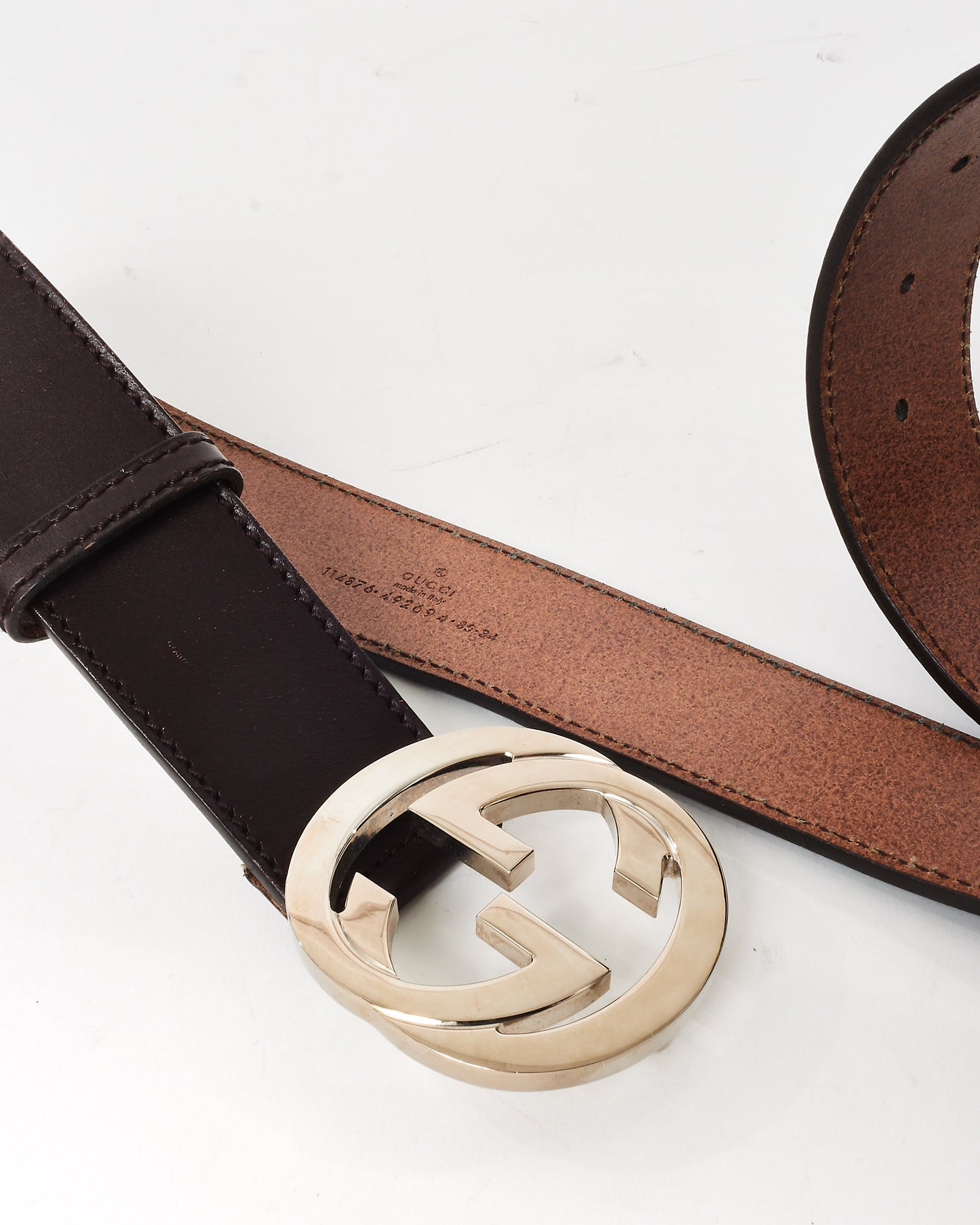 Gucci Brown Leather Silver Interlocking GG Belt - 85/34