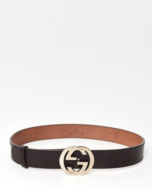 Gucci Brown Leather Silver Interlocking GG Belt - 85/34