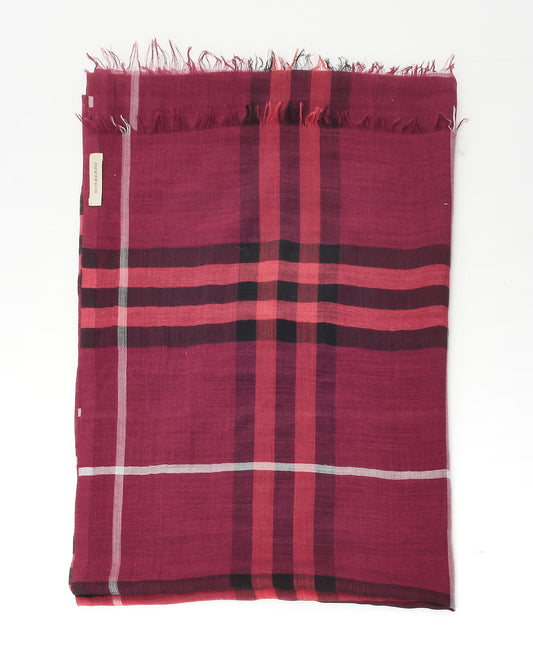 Burberry Pink and Burgundy Wool Blend Plaid Check Scarf