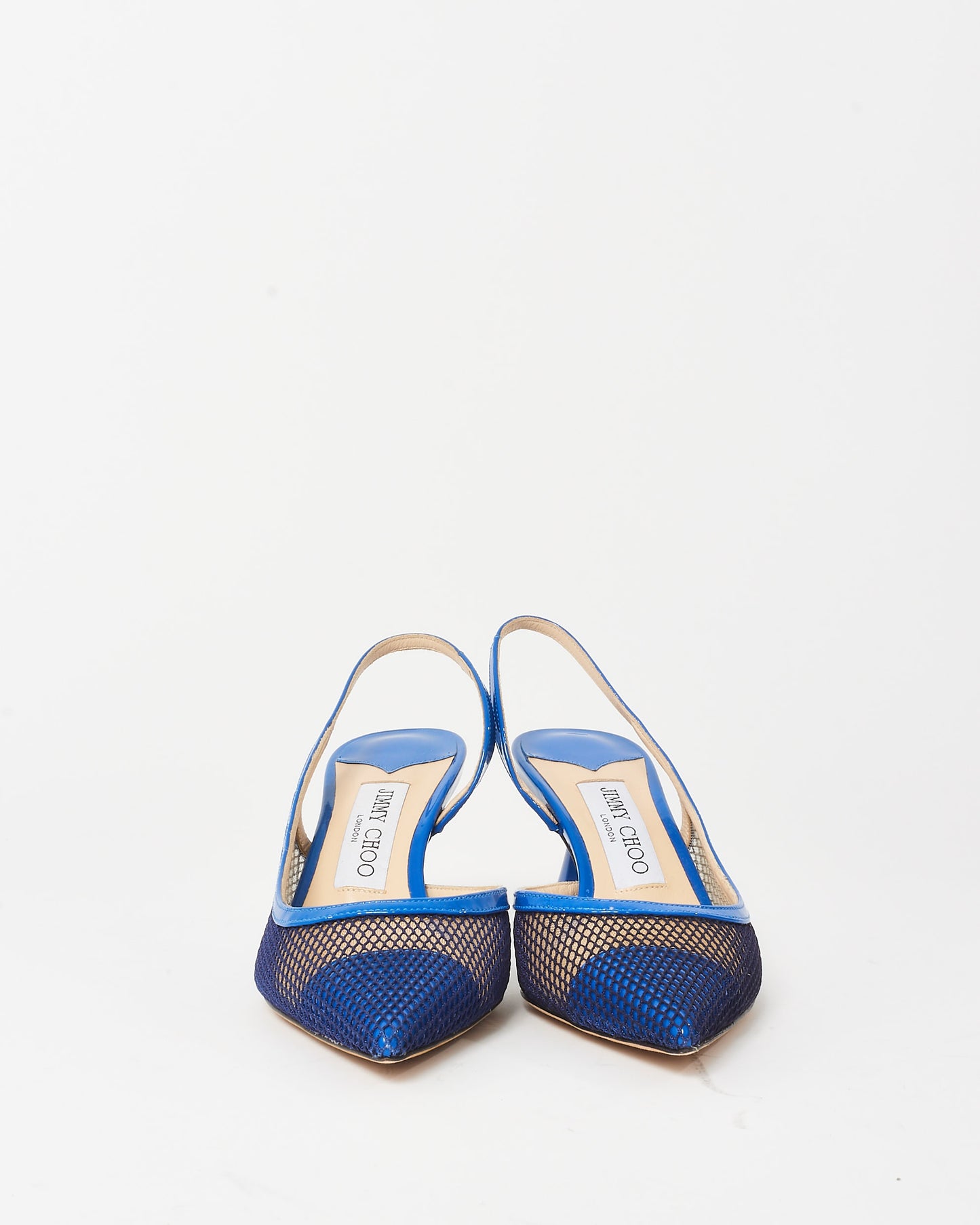 Jimmy Choo Royal Blue Patent Leather and Mesh Fetto 65 mm Slingback Pumps - 36