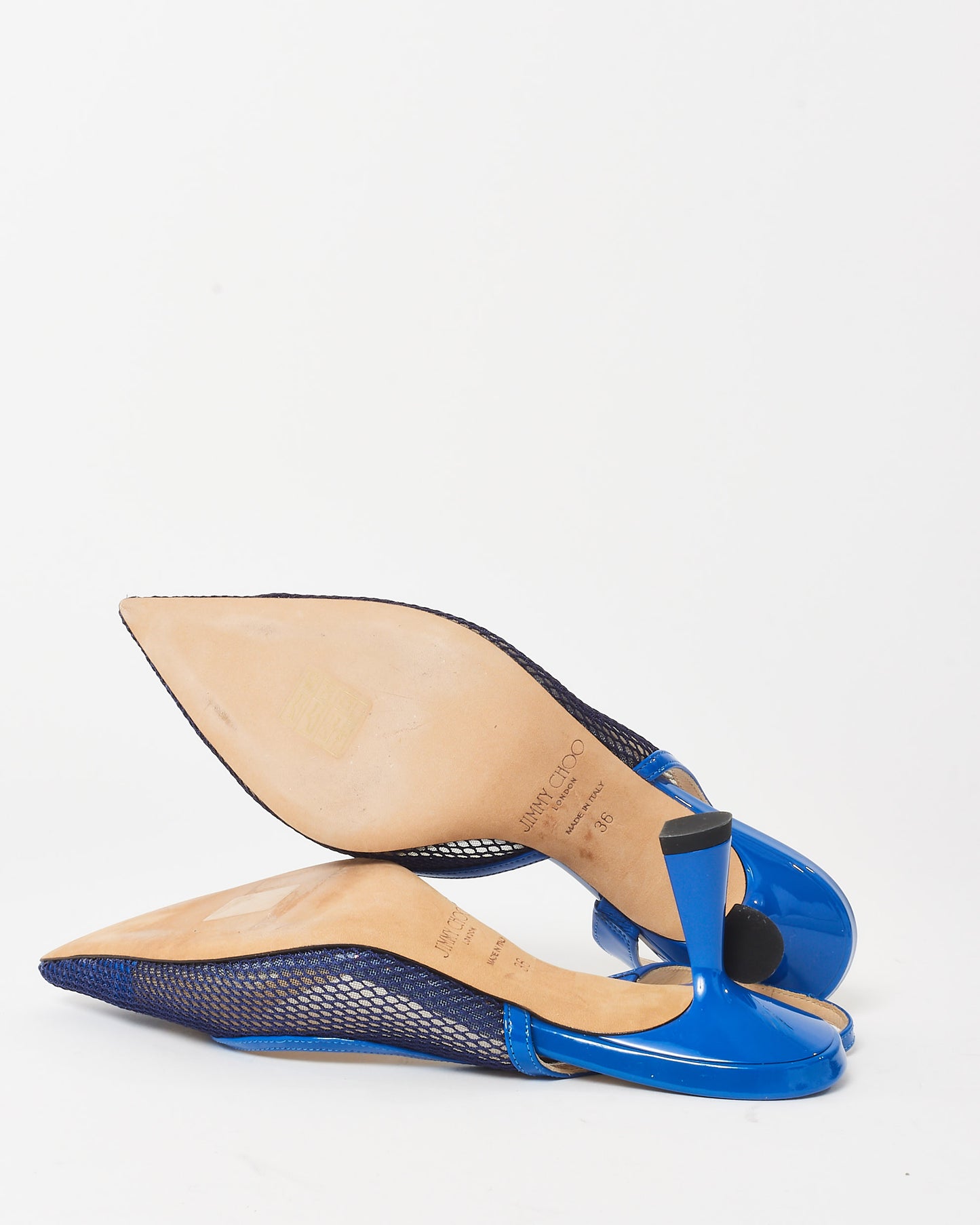 Jimmy Choo Royal Blue Patent Leather and Mesh Fetto 65 mm Slingback Pumps - 36