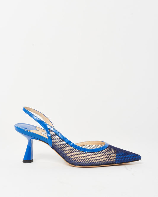 Jimmy Choo Royal Blue Patent Leather and Mesh Fetto 65 mm Slingback Pumps - 36