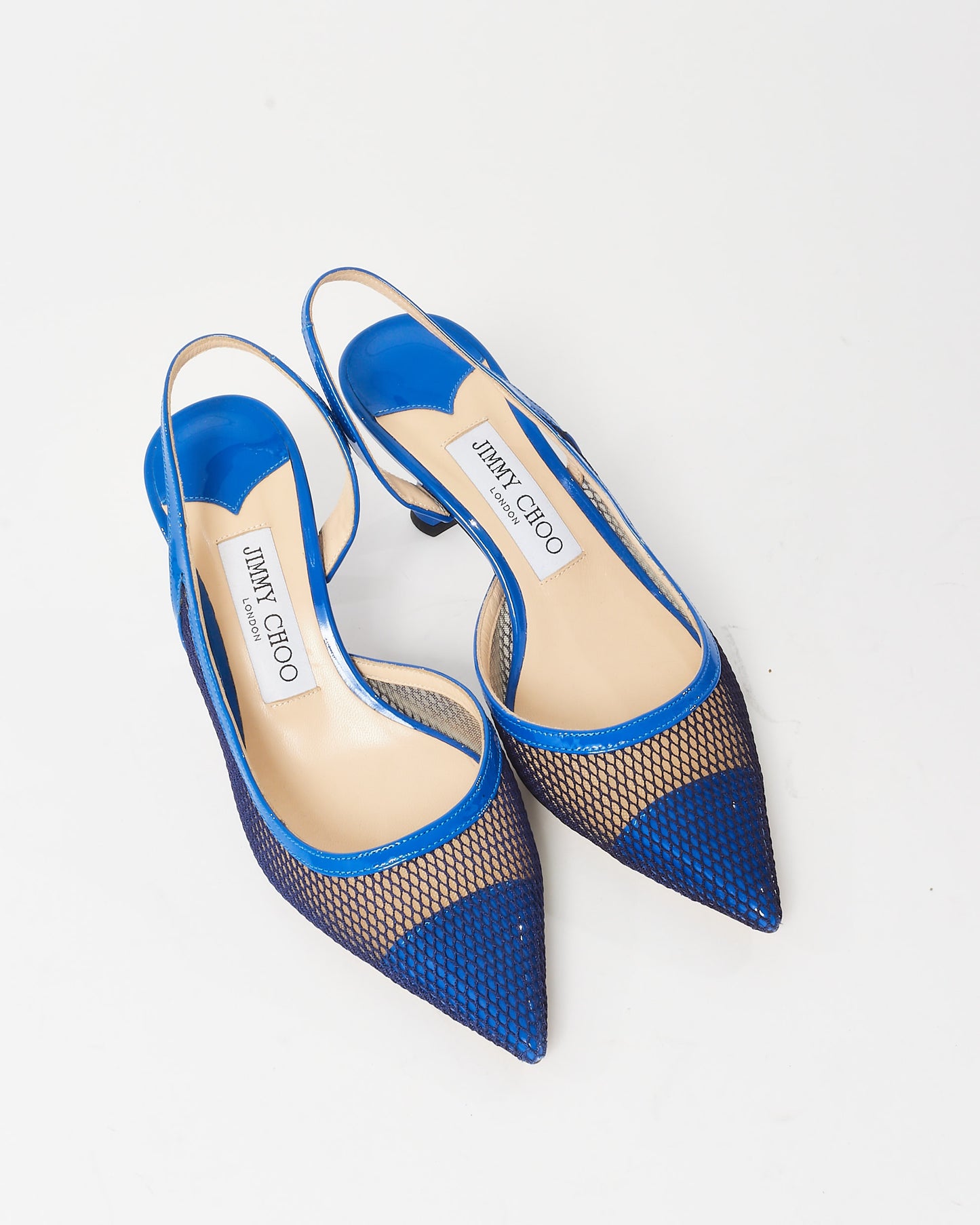 Jimmy Choo Royal Blue Patent Leather and Mesh Fetto 65 mm Slingback Pumps - 36