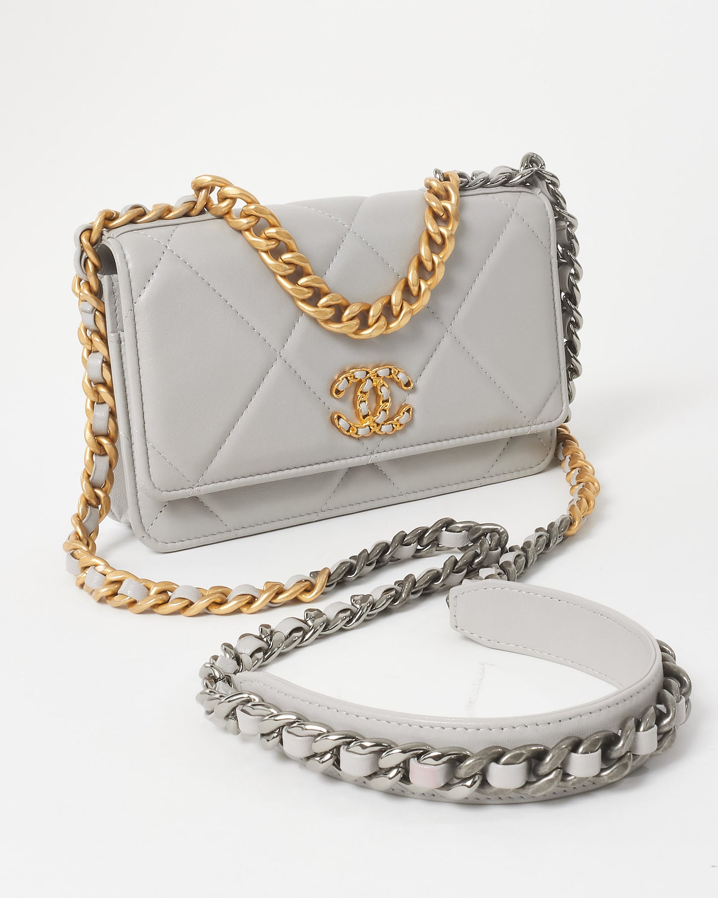 Chanel Grey Quilted Lambskin Leather 19 Wallet on Chain WOC