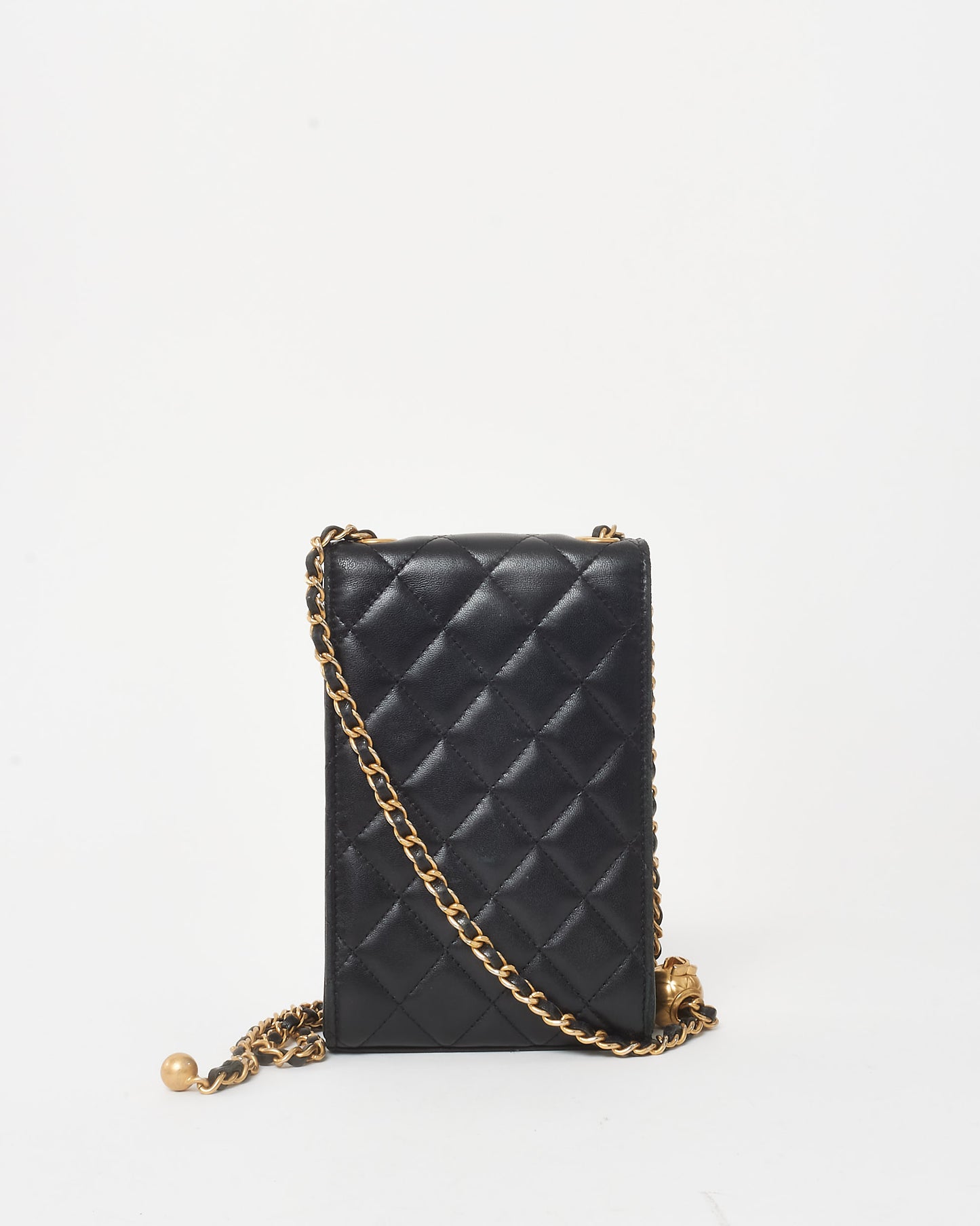 Chanel Black Lambskin Leather Pearl Crush Chain Phone Holder GHW