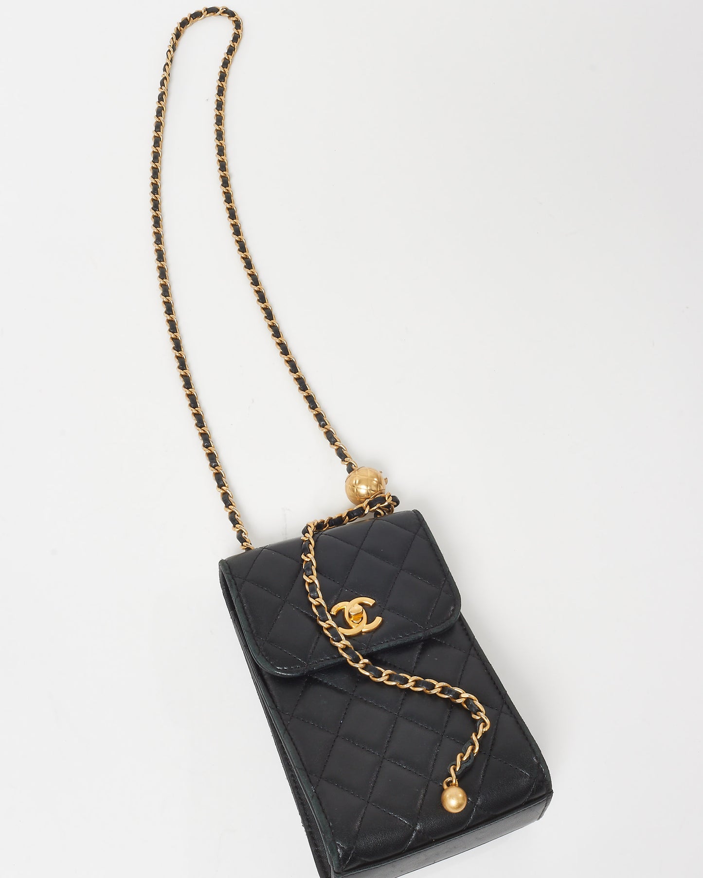 Chanel Black Lambskin Leather Pearl Crush Chain Phone Holder GHW