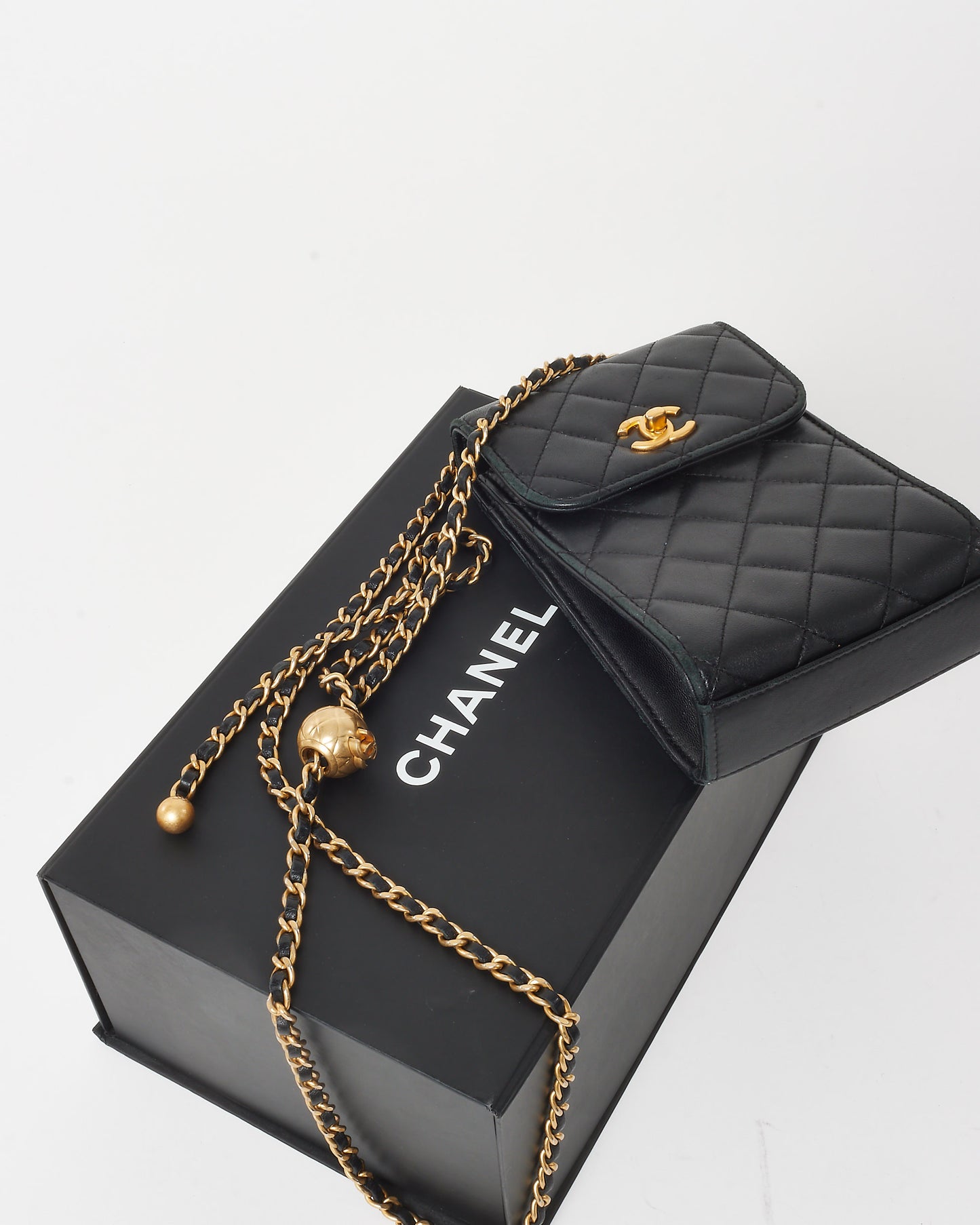 Chanel Black Lambskin Leather Pearl Crush Chain Phone Holder GHW