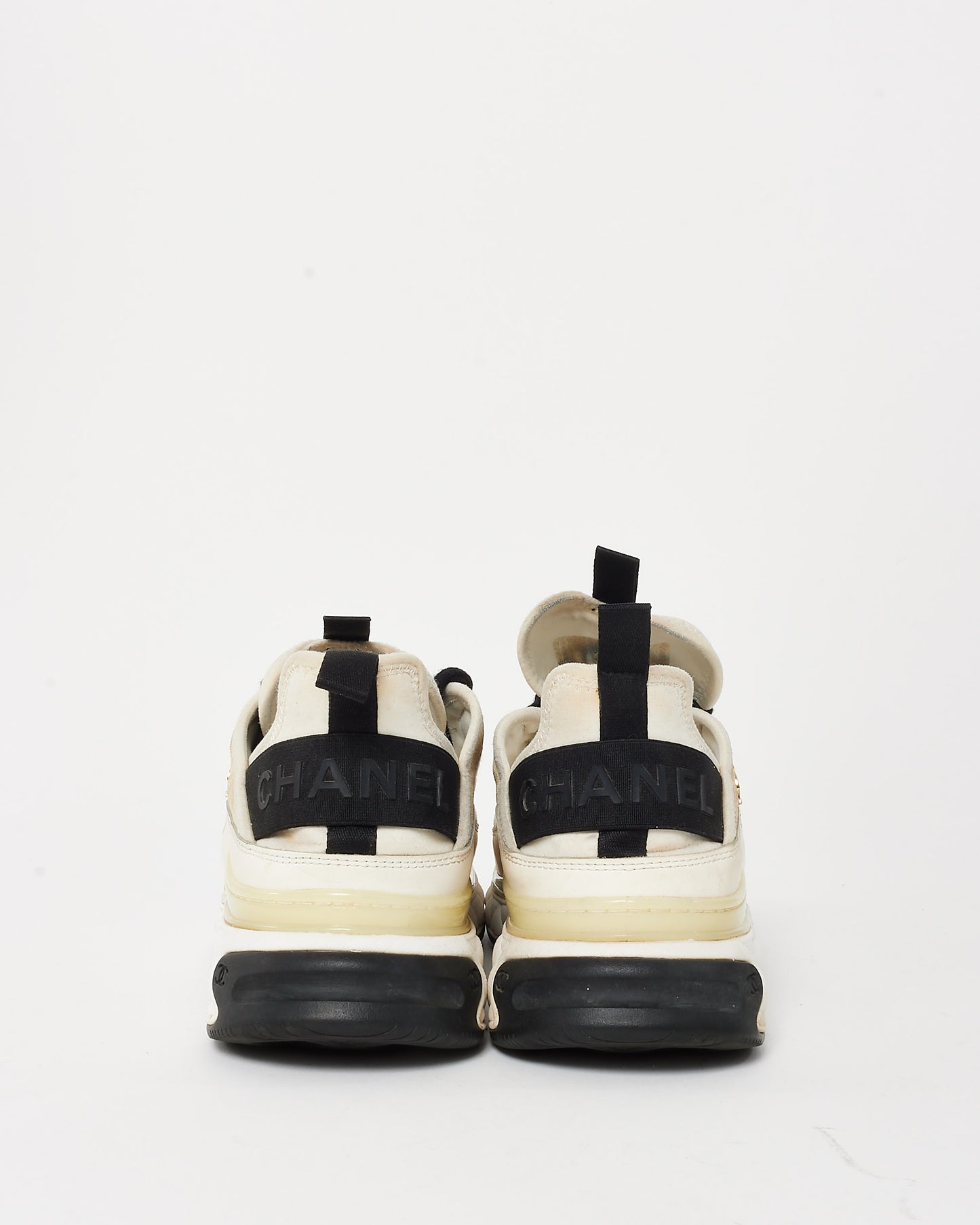 Chanel Beige, Black 
White Suede and Mixed Fibers CC Logo Sneakers - 40