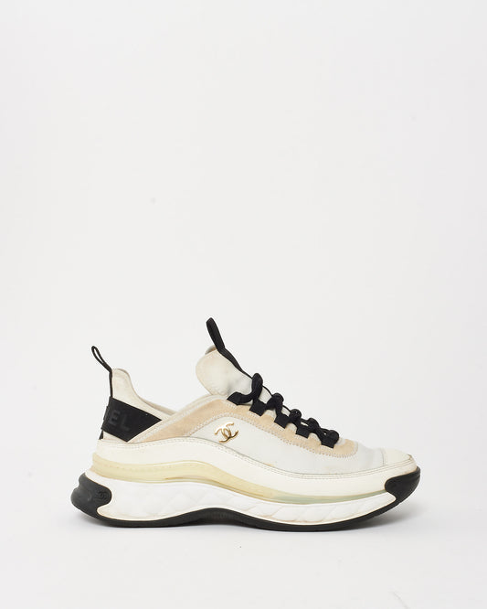 Chanel Beige, Black 
White Suede and Mixed Fibers CC Logo Sneakers - 40