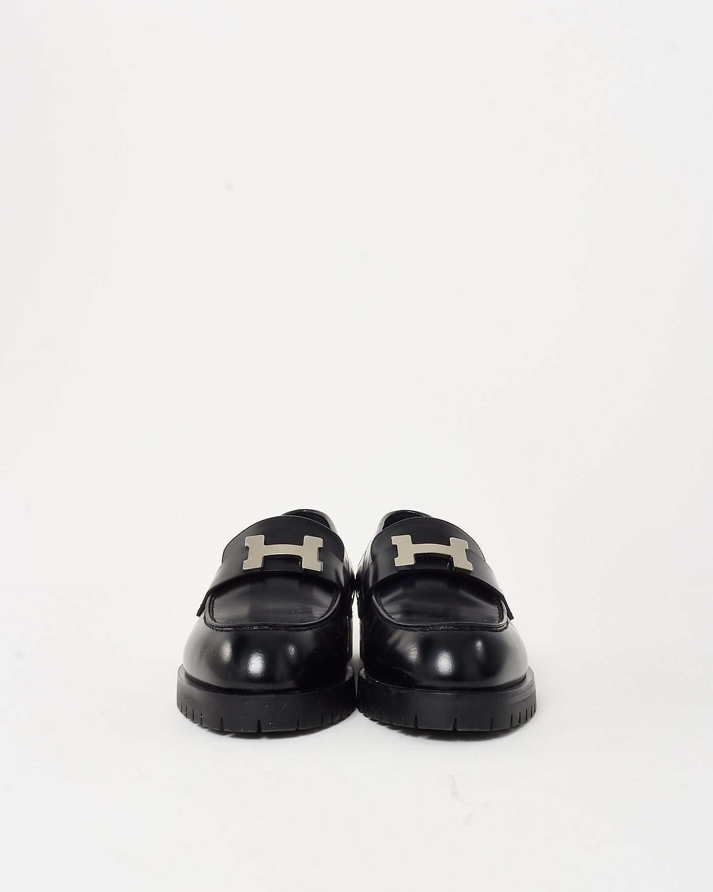 Hermès Black Leather Faubourg Silver H Logo Loafers - 36