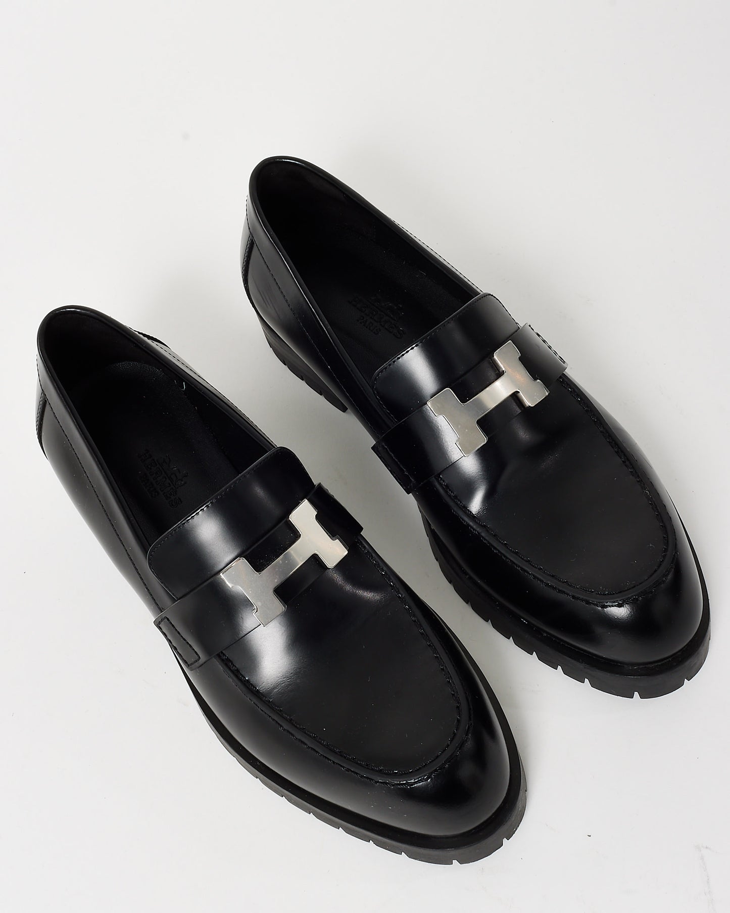 Hermès Black Leather Faubourg Silver H Logo Loafers - 36