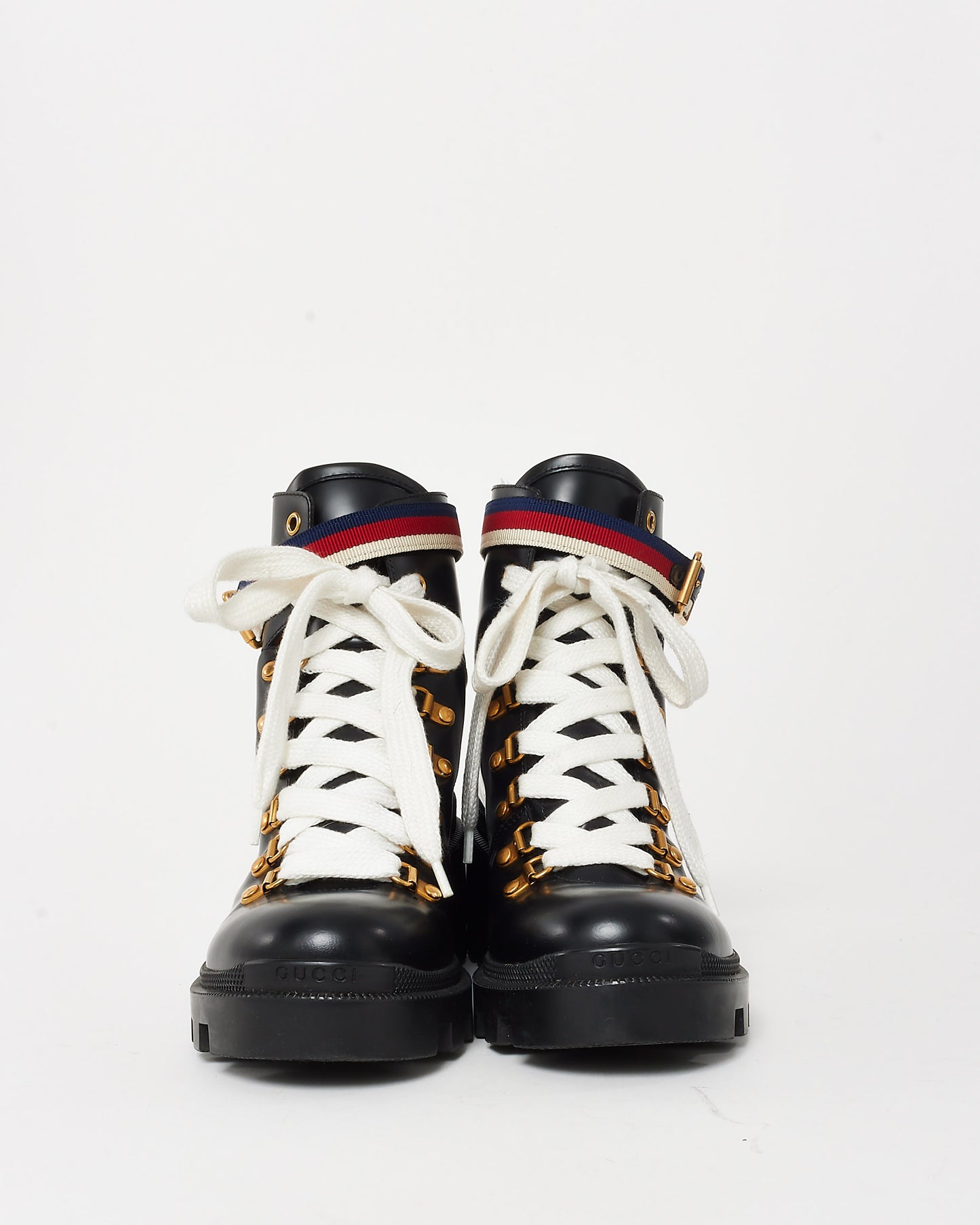 Gucci Black Patent Leather Web Sylvie Combat Boots - 38