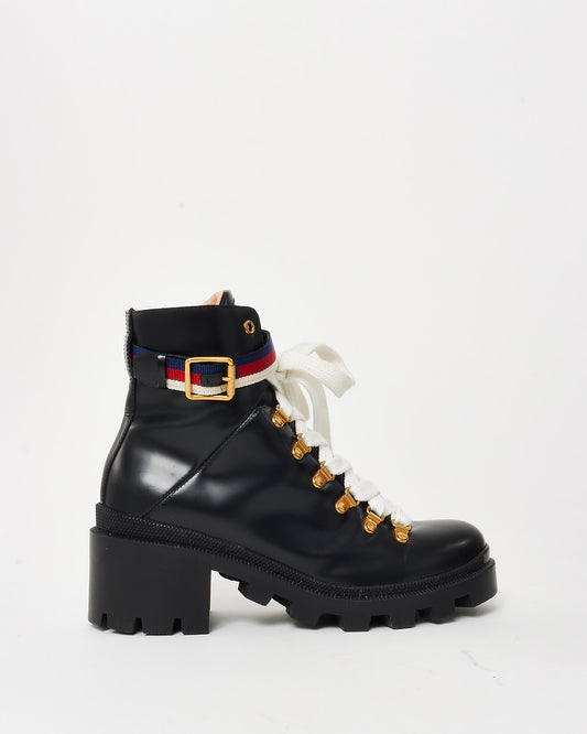 Gucci Black Patent Leather Web Sylvie Combat Boots - 38