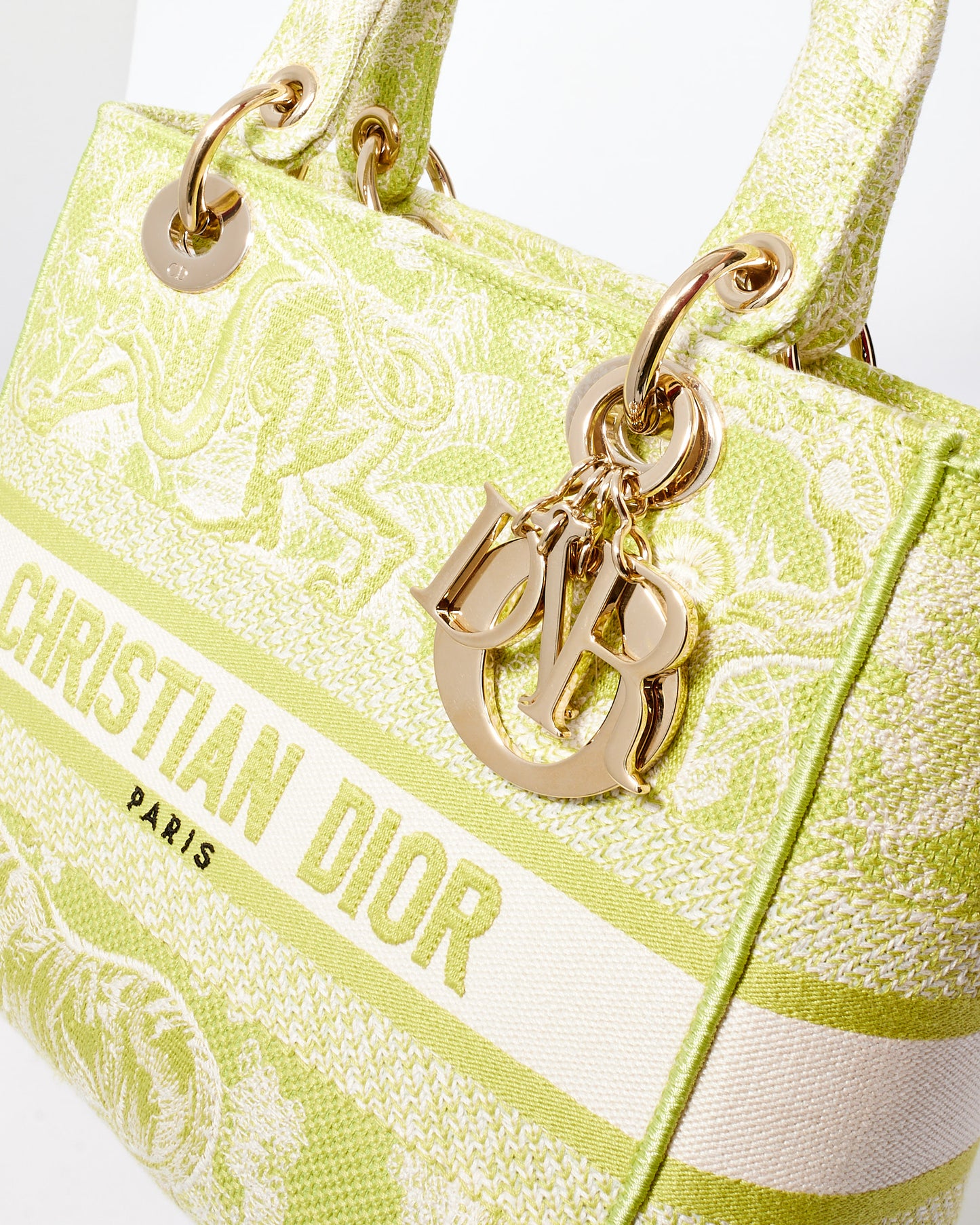 Dior Lime Green Toile De Jouy Embroidered Canvas Medium Lady D-Lite Bag