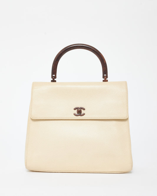 Chanel Vintage Cream Caviar Leather 
Wood Kelly Bag