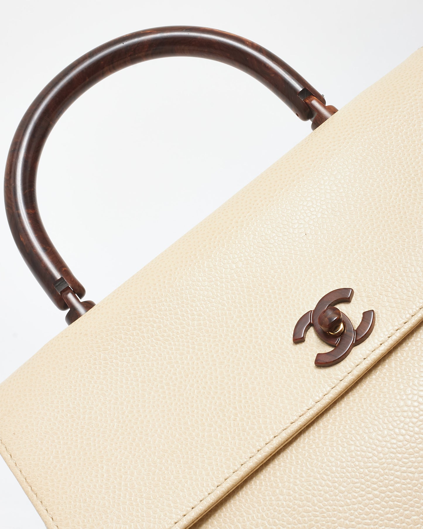 Chanel Vintage Cream Caviar Leather 
Wood Kelly Bag