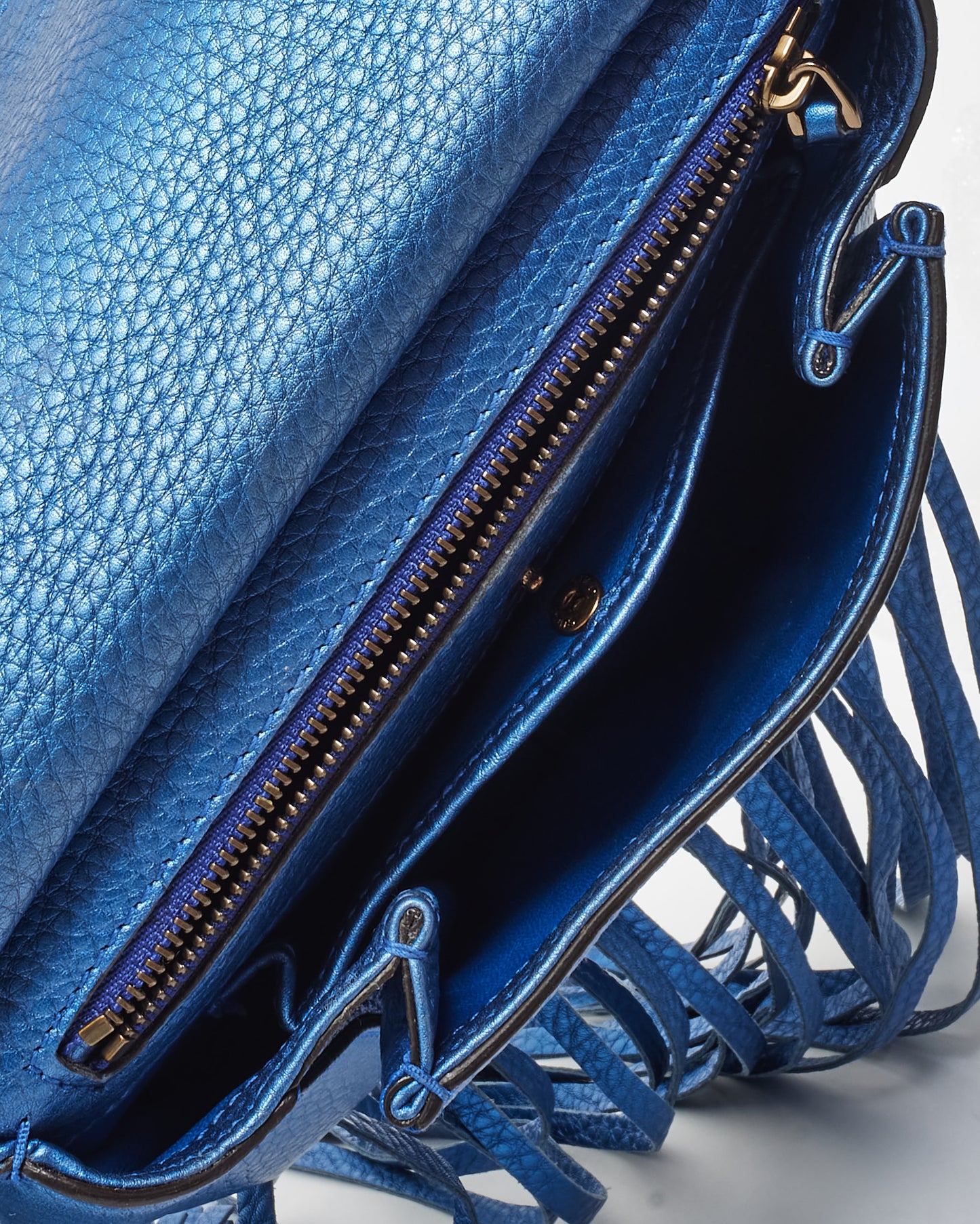 Gucci Metallic Blue Leather Fringe 
Bamboo Crossbody Bag