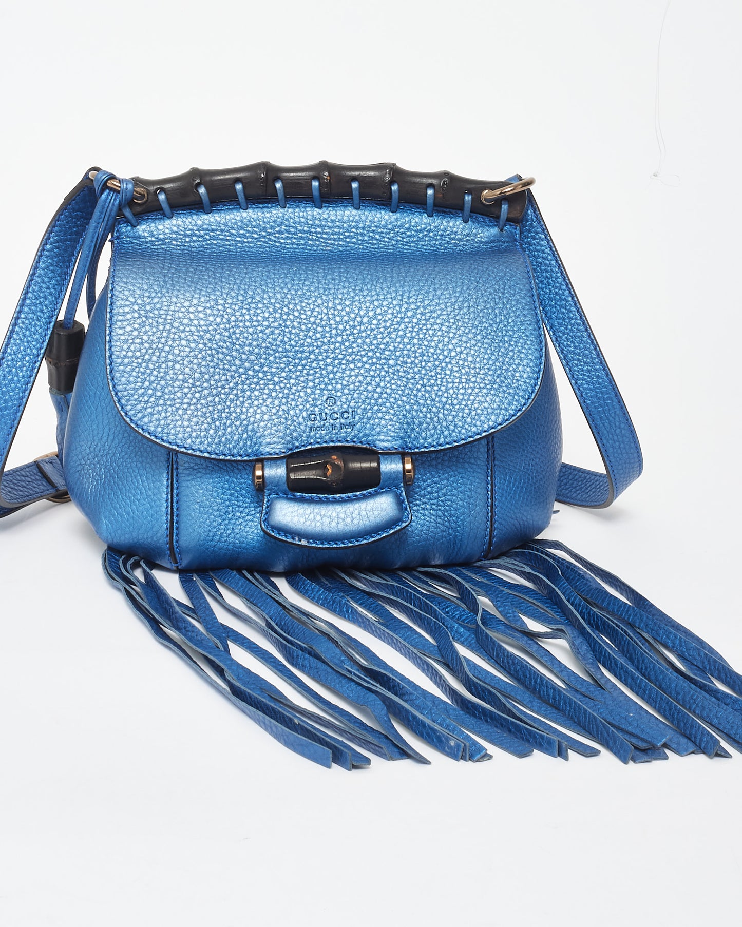 Gucci Metallic Blue Leather Fringe 
Bamboo Crossbody Bag