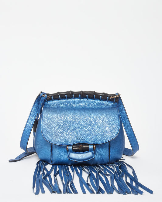 Gucci Metallic Blue Leather Fringe 
Bamboo Crossbody Bag