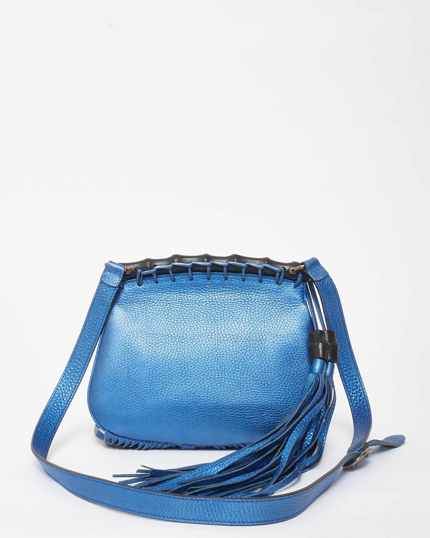 Gucci Metallic Blue Leather Fringe 
Bamboo Crossbody Bag