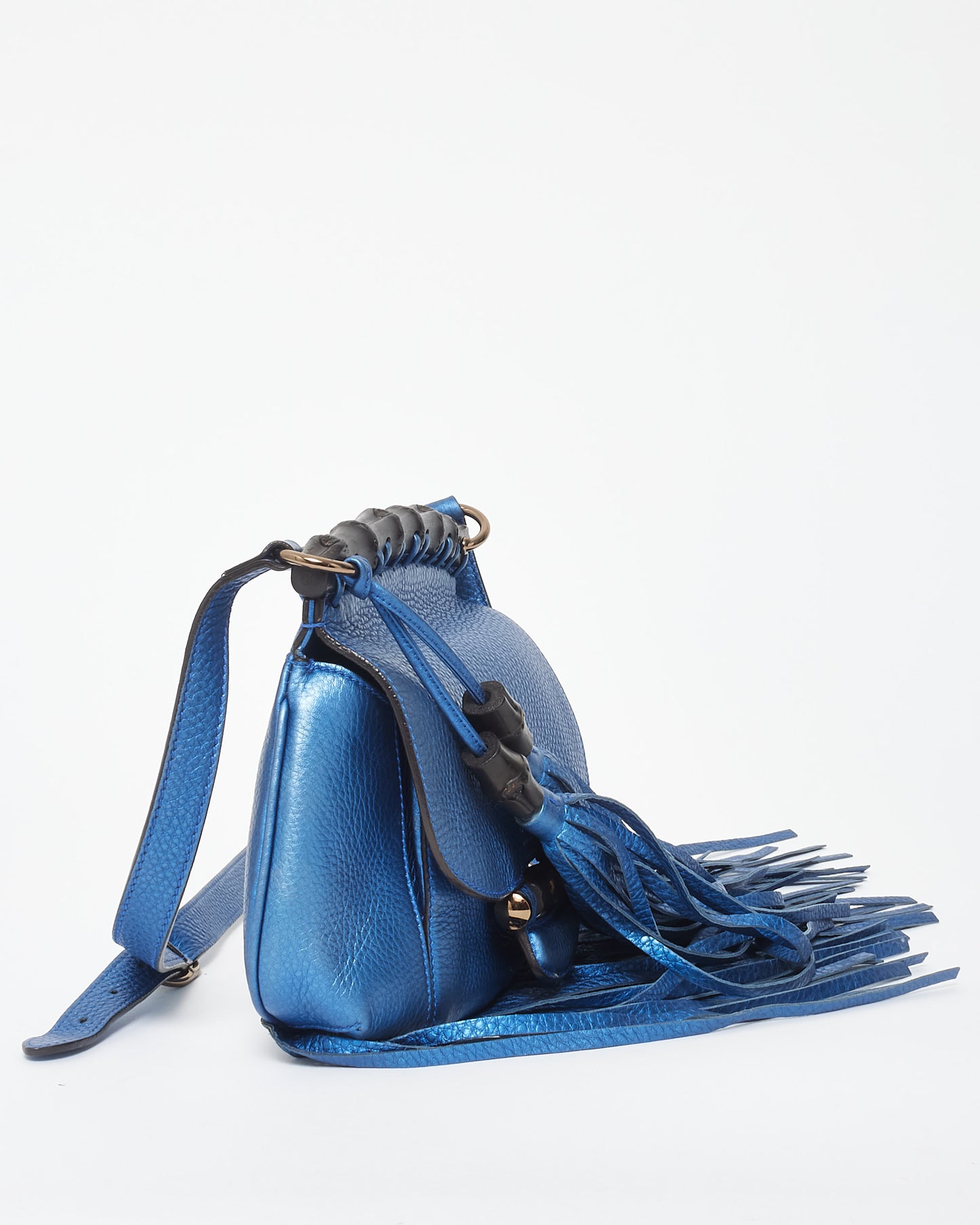 Gucci Metallic Blue Leather Fringe 
Bamboo Crossbody Bag