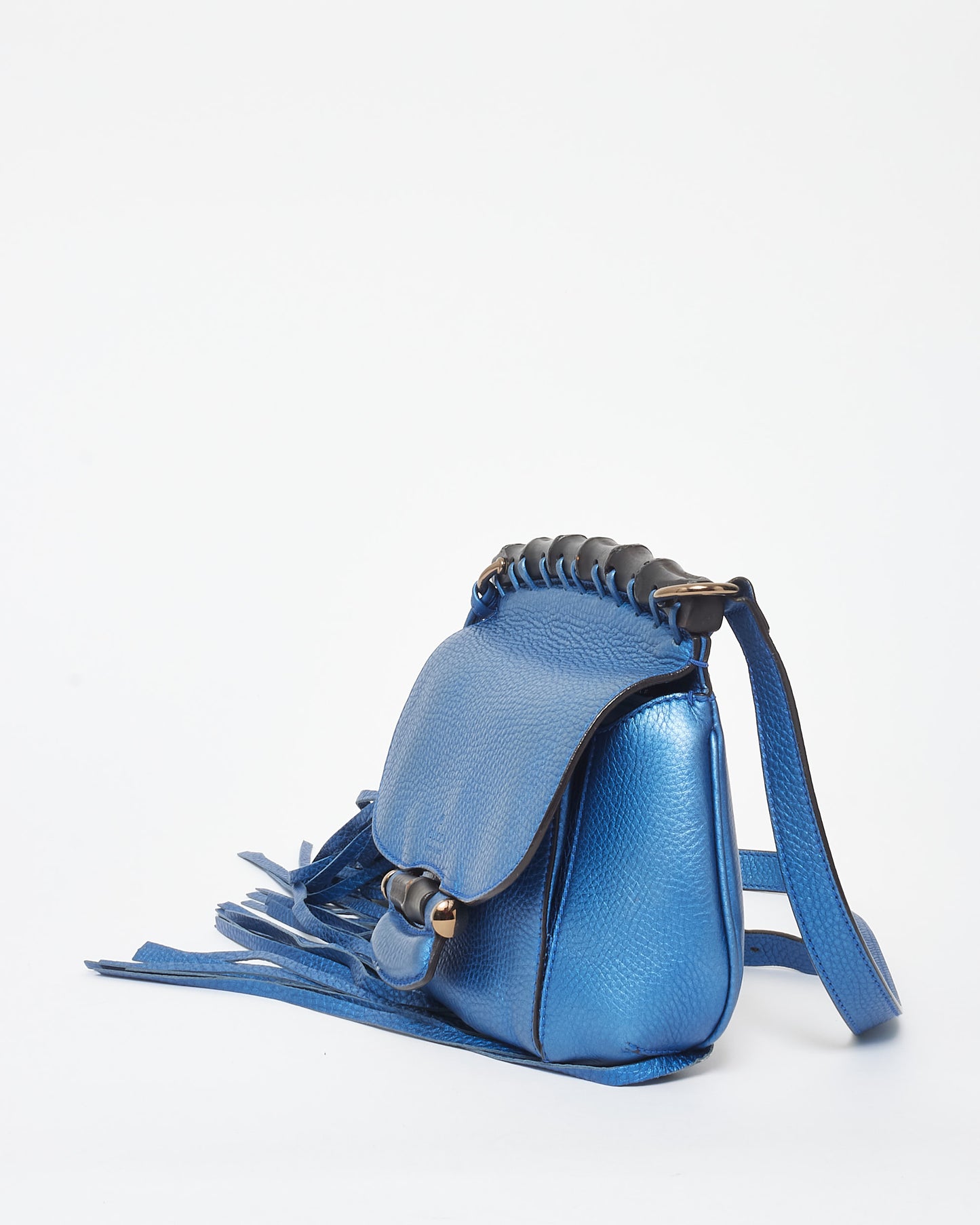 Gucci Metallic Blue Leather Fringe 
Bamboo Crossbody Bag