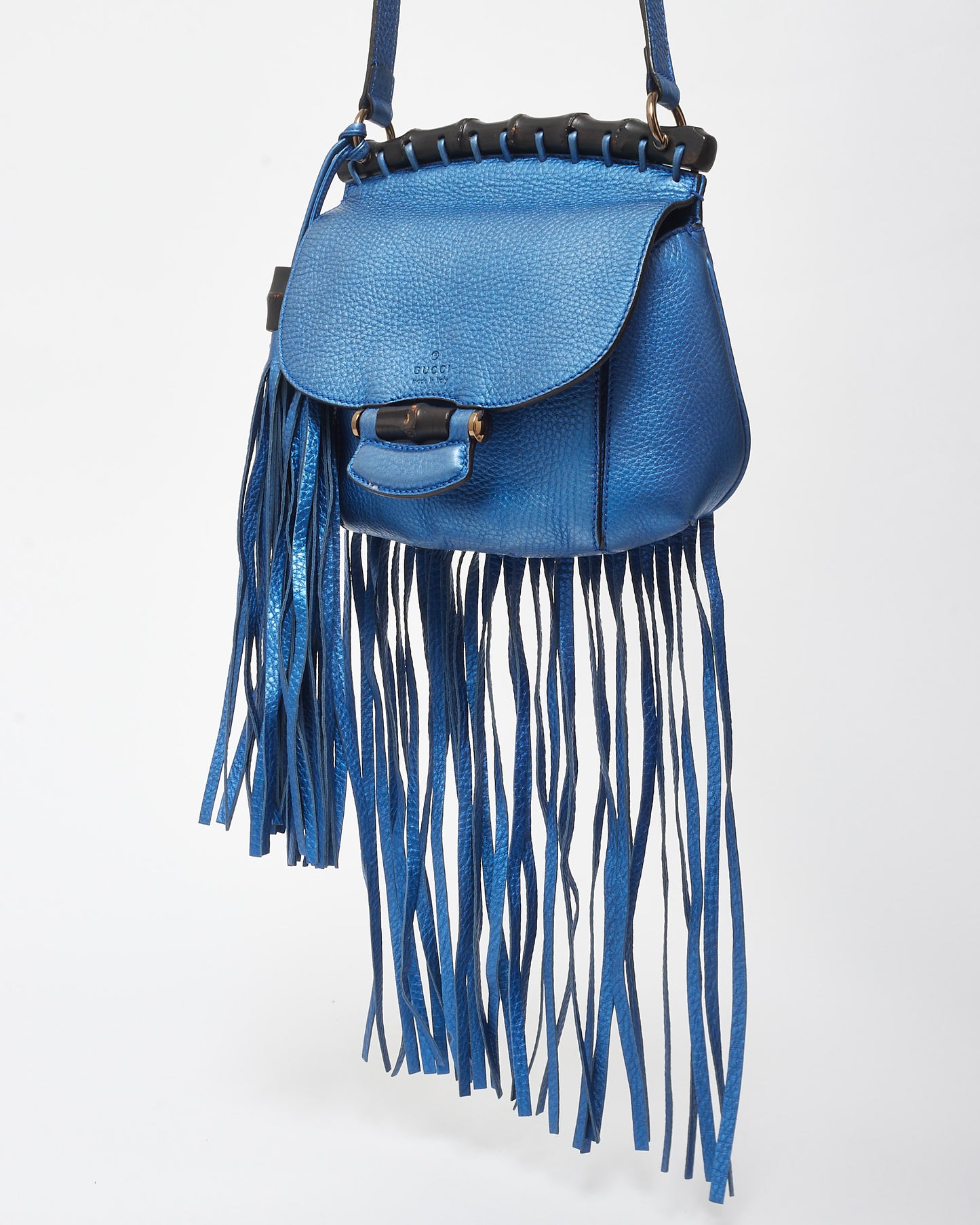 Gucci Metallic Blue Leather Fringe 
Bamboo Crossbody Bag