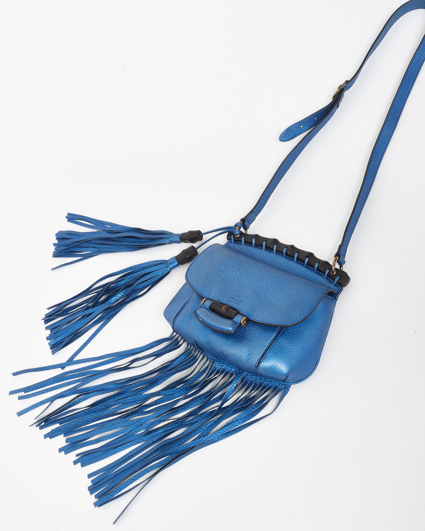 Gucci Metallic Blue Leather Fringe 
Bamboo Crossbody Bag