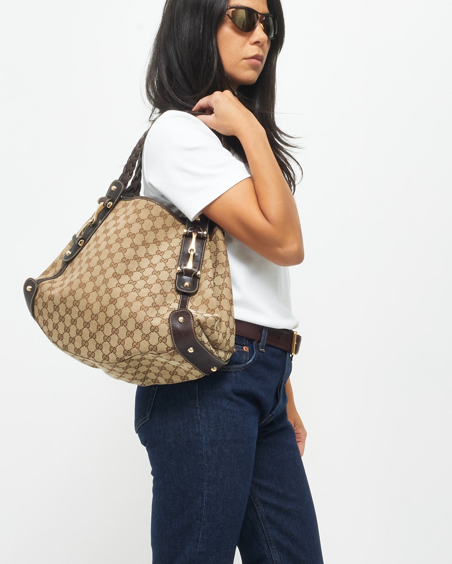 Gucci Vintage Brown Monogram Canvas 
Horsebit Hobo Bag