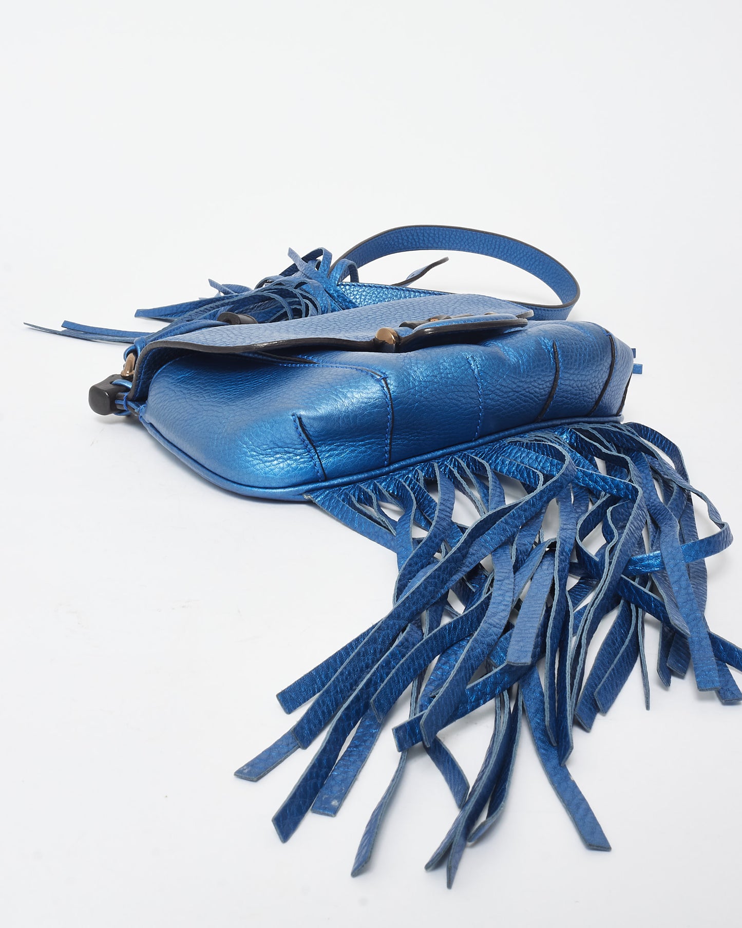 Gucci Metallic Blue Leather Fringe 
Bamboo Crossbody Bag