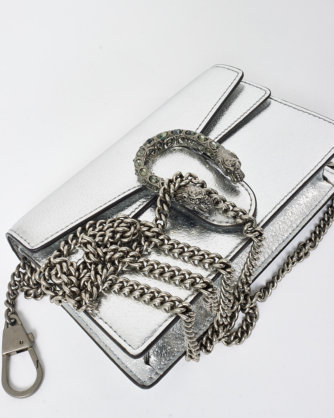 Gucci Silver Leather 
Jewel Super Mini Dionysus Crossbody Bag