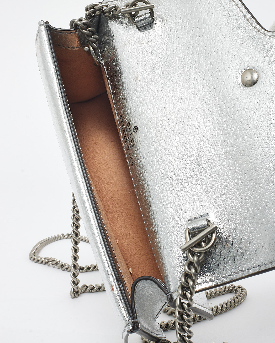 Gucci Silver Leather 
Jewel Super Mini Dionysus Crossbody Bag