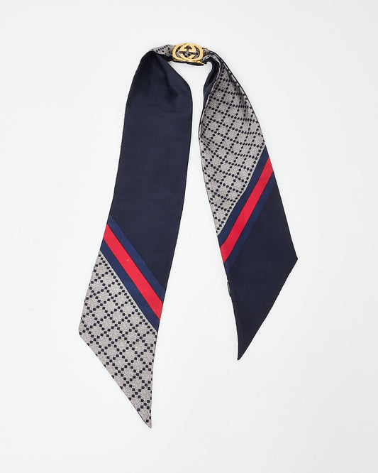 Gucci Navy Blue Silk 
Charm Logo Neck Scarf