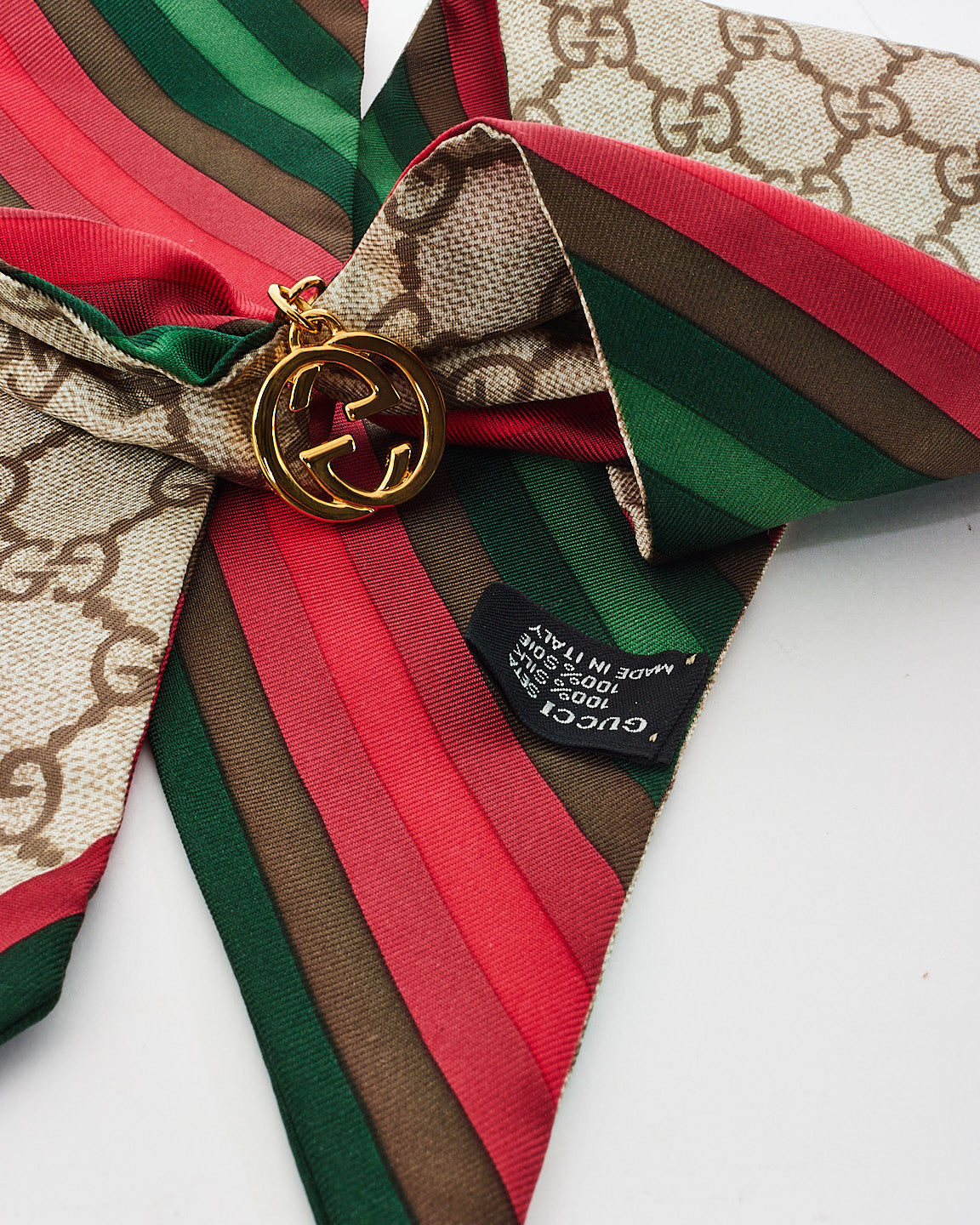 Gucci Brown Charm Monogram 
Web Silk Dangle Charm Logo Neck Scarf