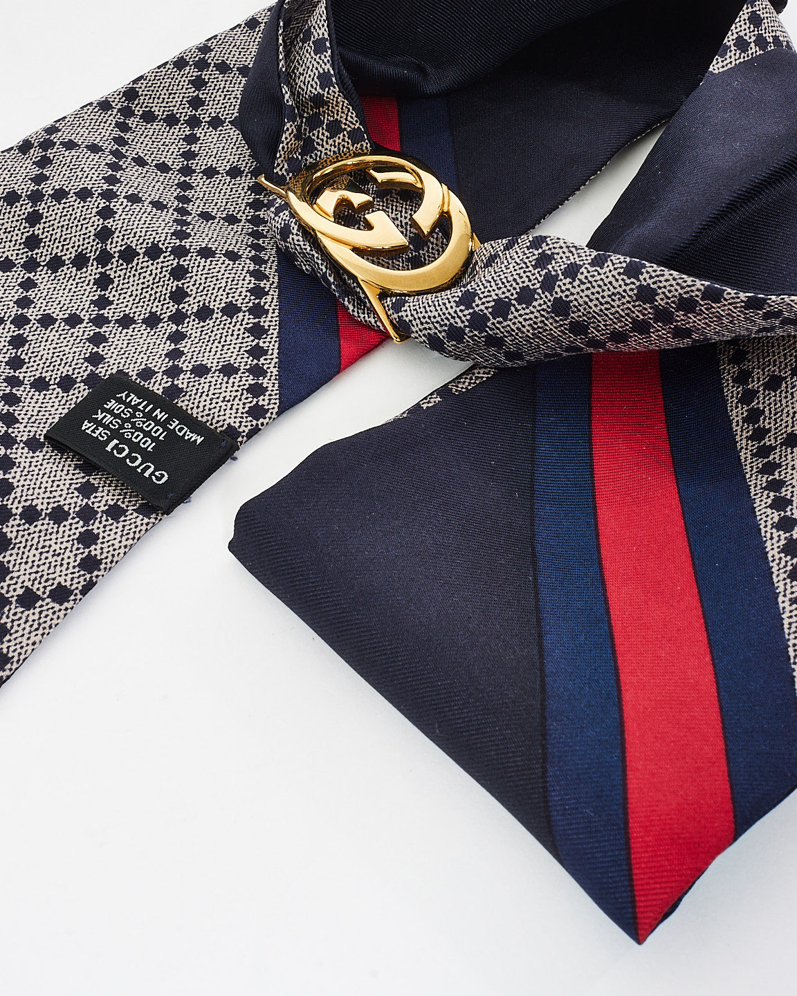 Gucci Navy Blue Silk 
Charm Logo Neck Scarf