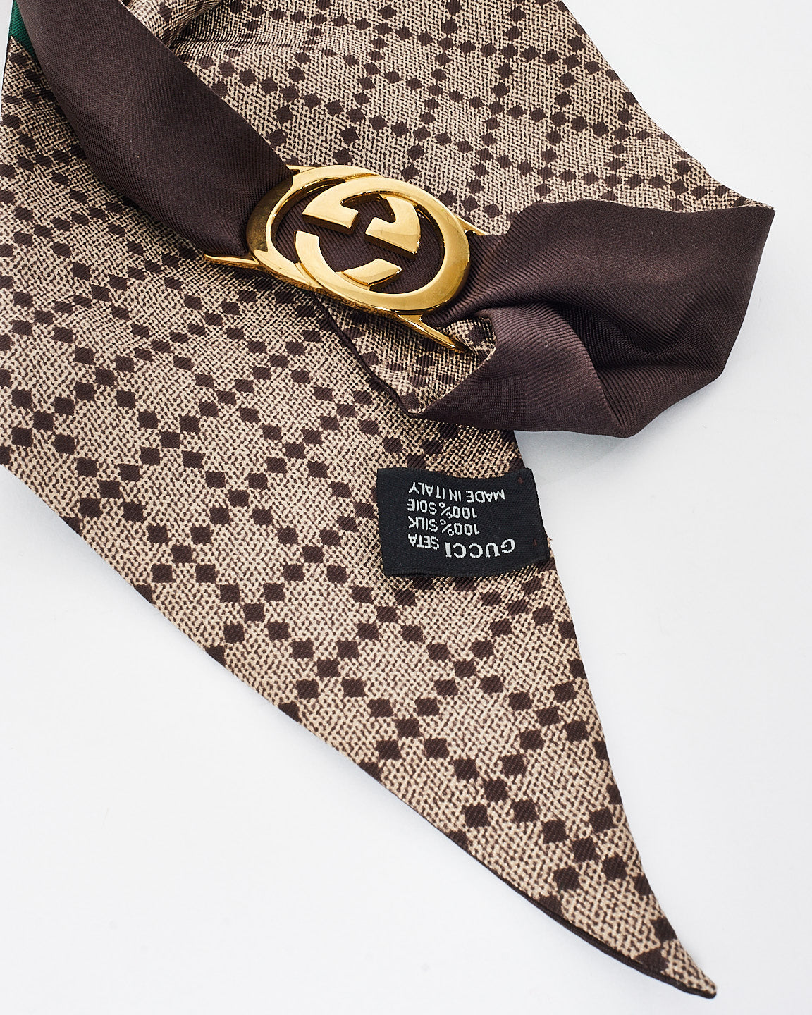 Gucci Brown Silk 
Charm Logo Neck Scarf