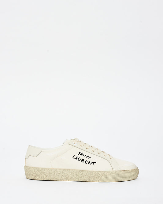 Saint Laurent Ivory Distressed Canvas Logo Sneaker - 35