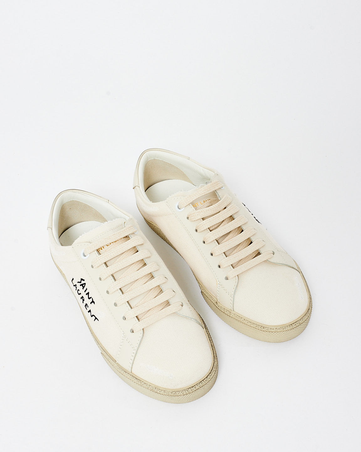 Saint Laurent Ivory Distressed Canvas Logo Sneaker - 35