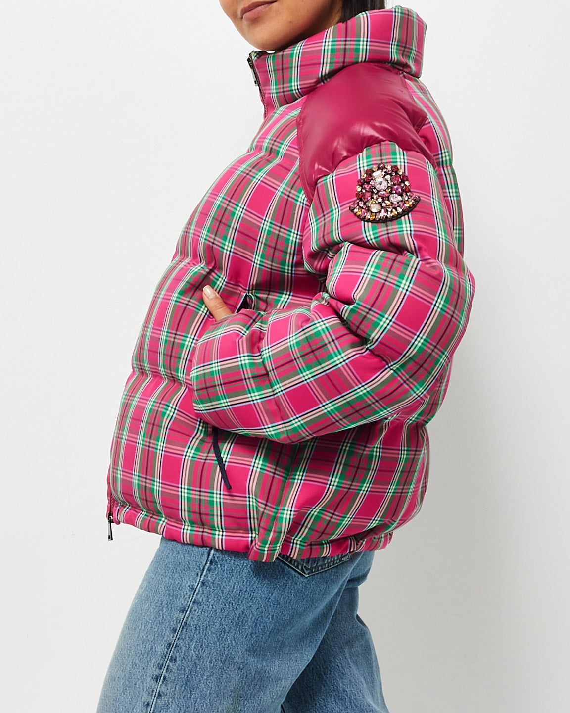 Moncler Pink 
Green Plaid Down Puffer Jacket - 4