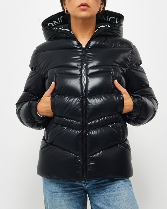 Moncler Black Gloss 
White Logo Slim Puffer Down Jacket - 00