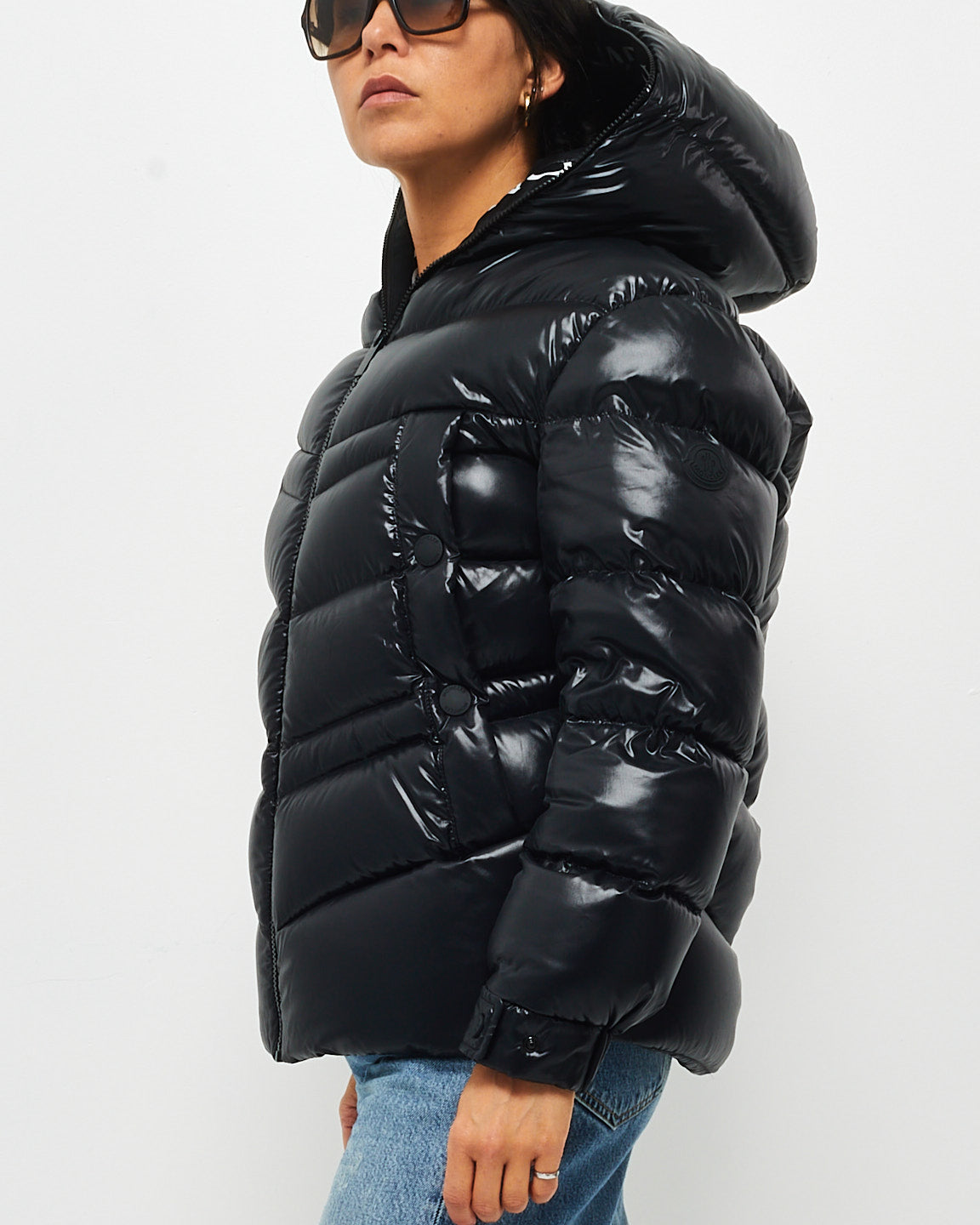 Moncler Black Gloss 
White Logo Slim Puffer Down Jacket - 00