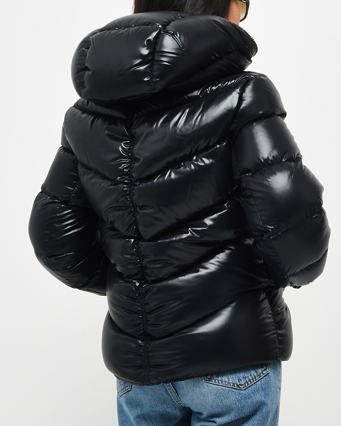 Moncler Black Gloss 
White Logo Slim Puffer Down Jacket - 00