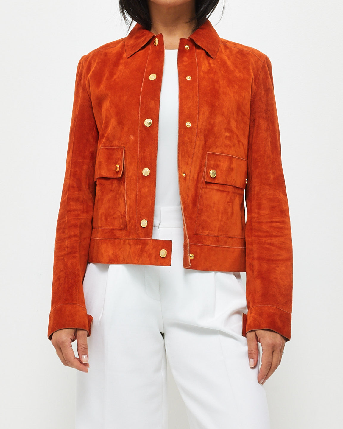 Gucci Orange Suede 
Leather Lining Fitted Cropped Jacket - 42