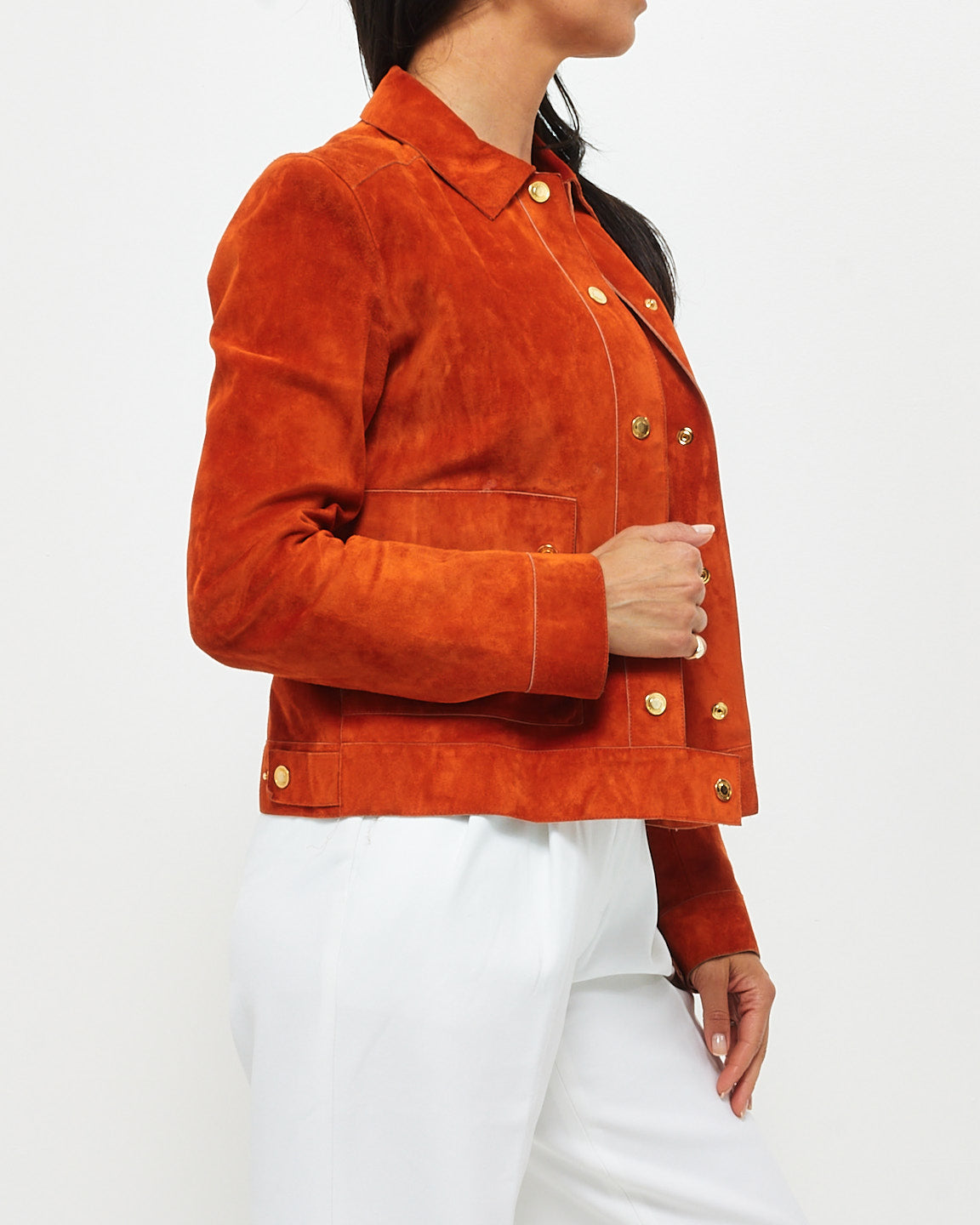 Gucci Orange Suede 
Leather Lining Fitted Cropped Jacket - 42